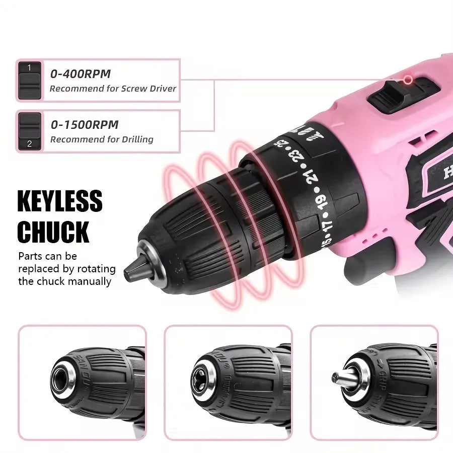 Hilda 21V Pink Cordless Drill With Lithium Battery And Bag