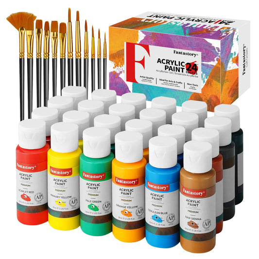 Fantastory Acrylic Paint Set with 24 Colors and 12 Brushes