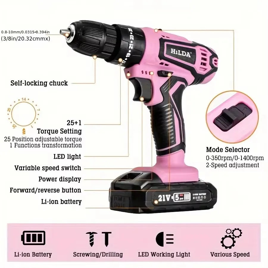Hilda 21V Pink Cordless Drill With Lithium Battery And Bag