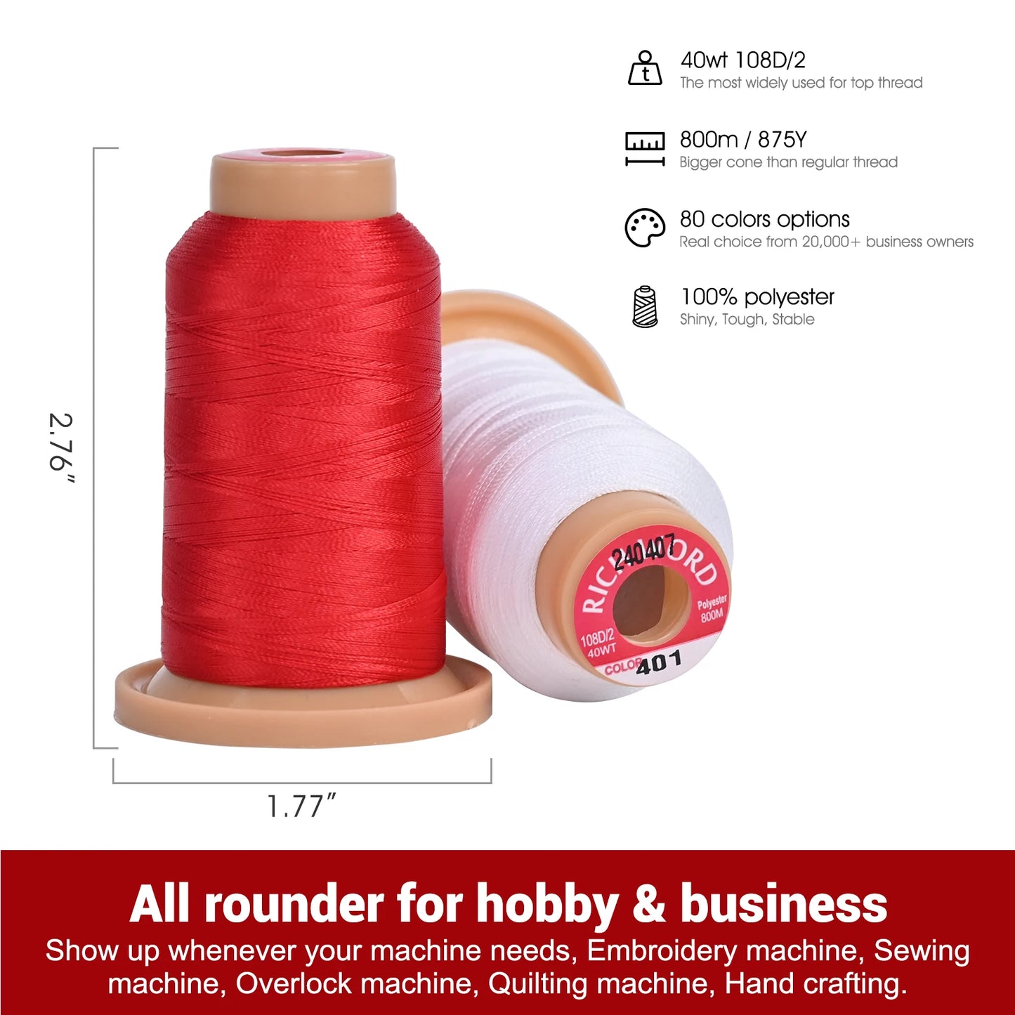 Richword Embroidery Thread Kit 40 Pcs 800M Polyester Spools