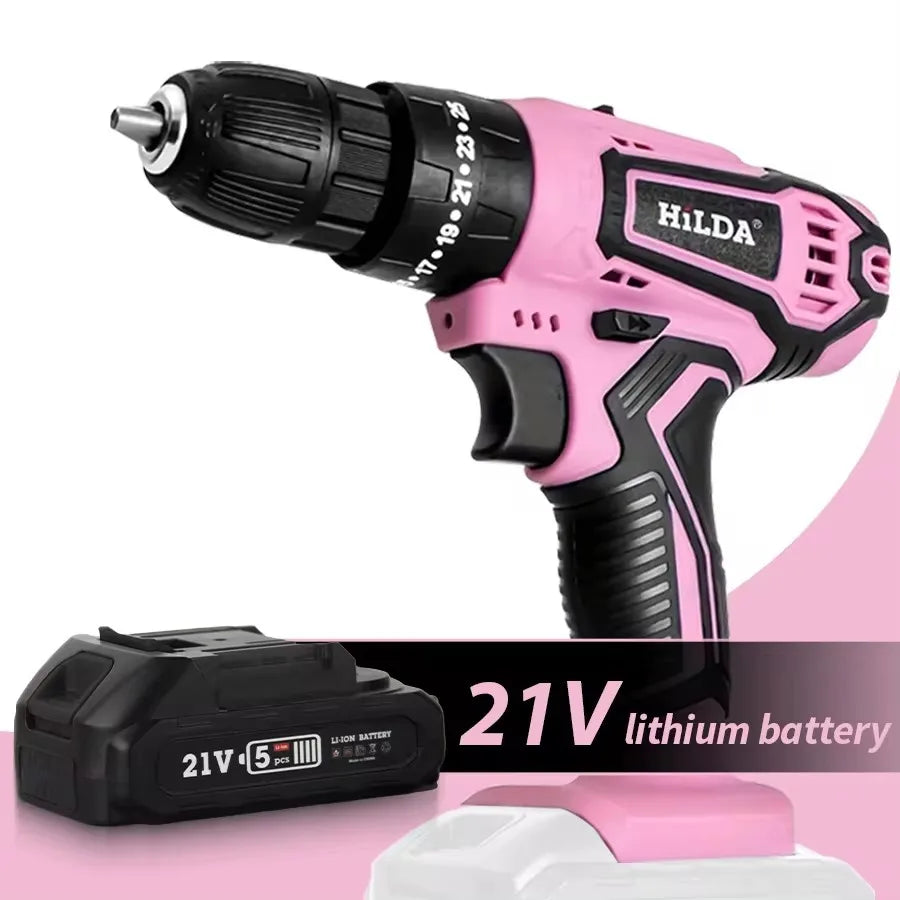 Hilda 21V Pink Cordless Drill With Lithium Battery And Bag