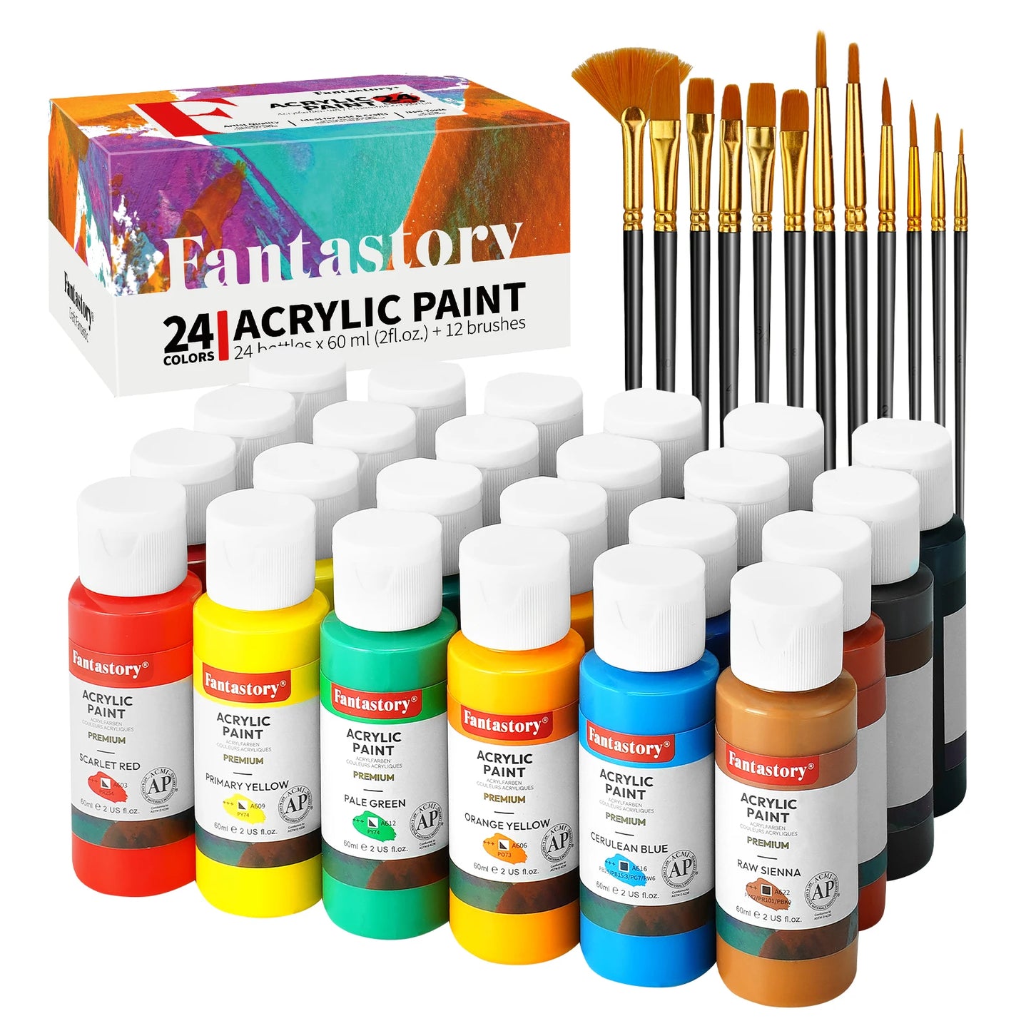 Fantastory Acrylic Paint Set with 24 Colors and 12 Brushes