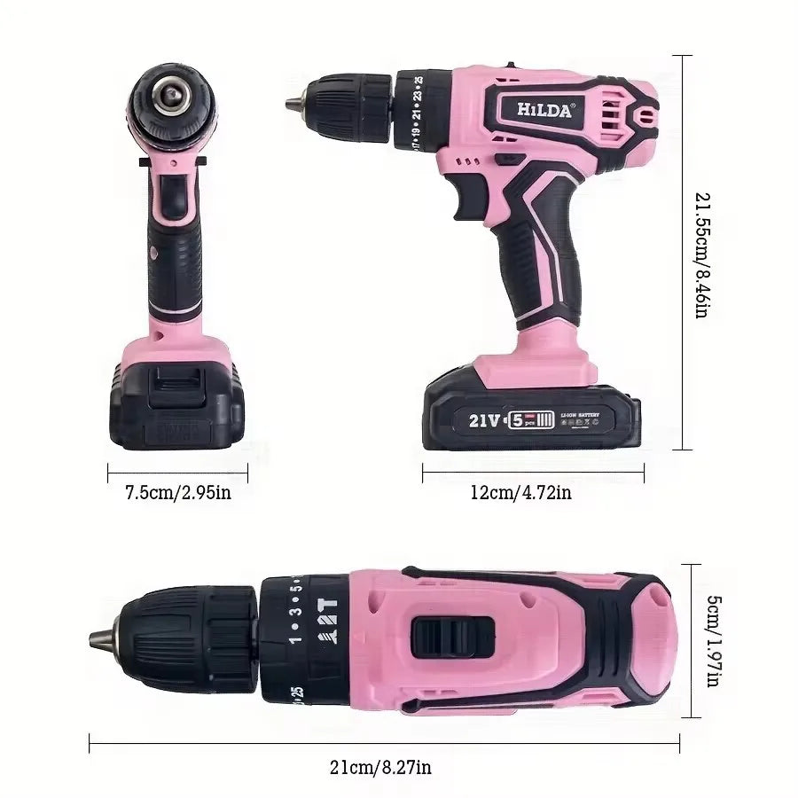 Hilda 21V Pink Cordless Drill With Lithium Battery And Bag