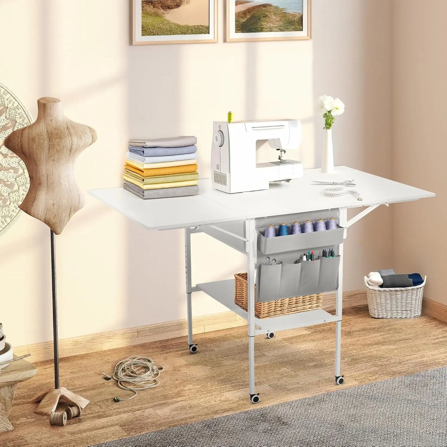 XMSJ Height Adjustable Sewing Table With Storage Shelves