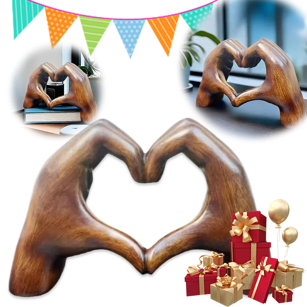 Modern Heart Hands Love Statue Wood Grain Effect Decoration