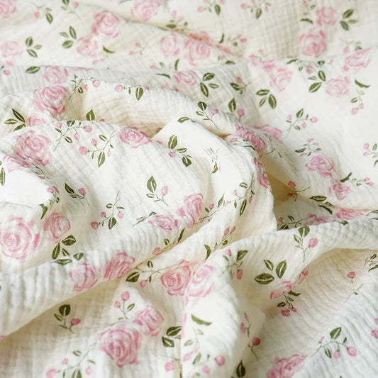 NONECN Pure Cotton Rose Floral Double Layer Crepe Fabric For DIY