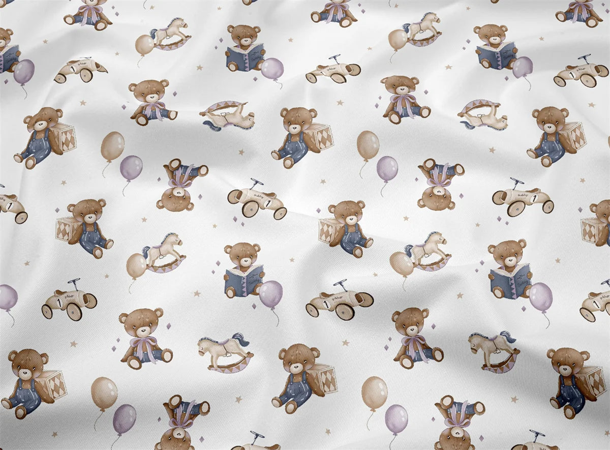 SyunssCN Toy Bear Balloon Retro Car Printed Cotton Fabric