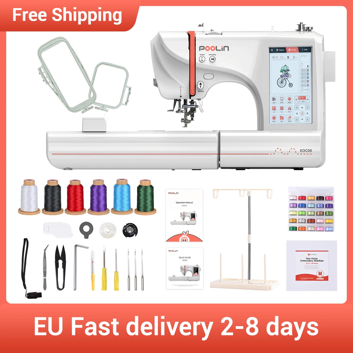 Poolin EOC05 Computerized Embroidery Machine with Threads and Stabilizer