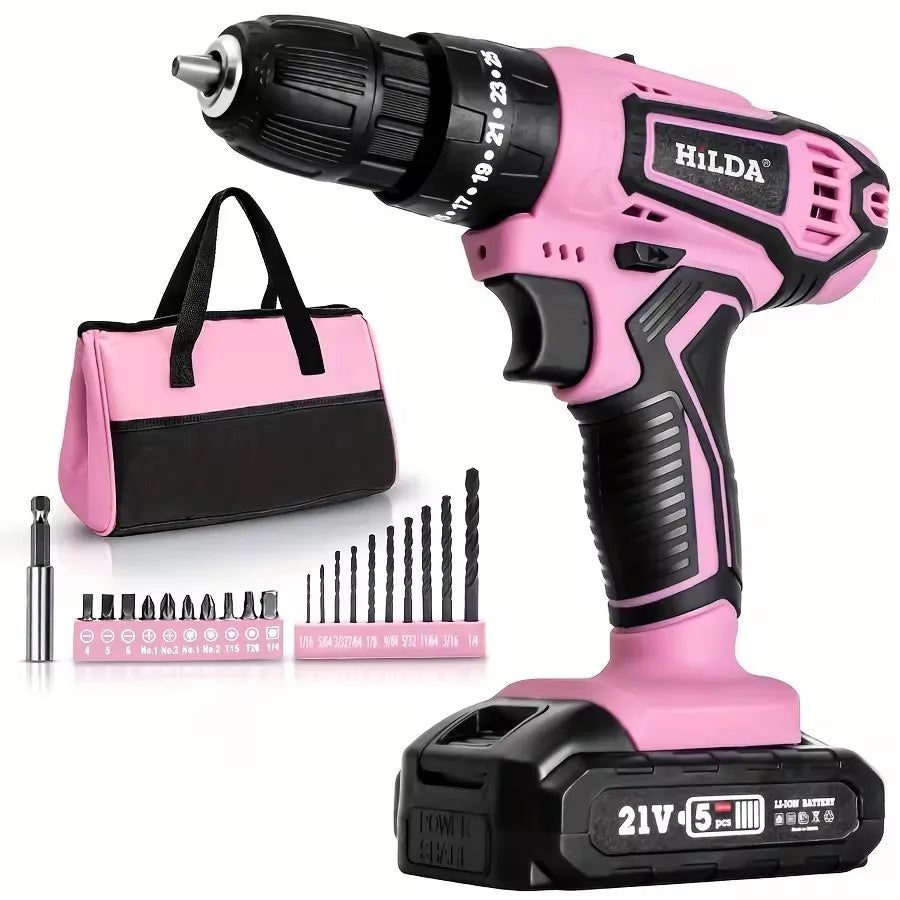 Hilda 21V Pink Cordless Drill With Lithium Battery And Bag