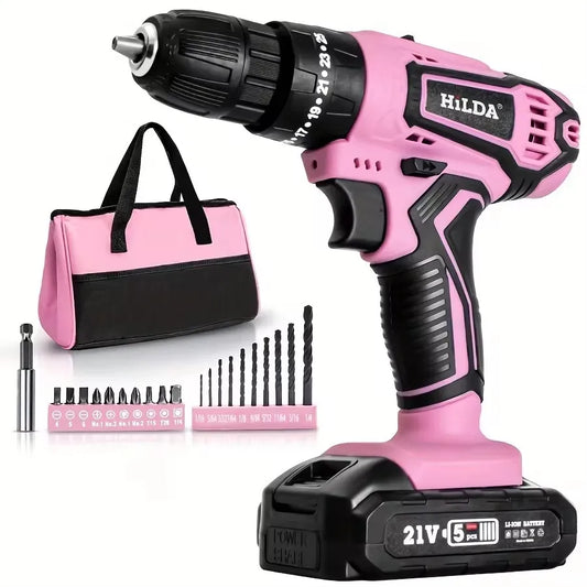 Hilda 21V Pink Cordless Drill With Lithium Battery And Bag