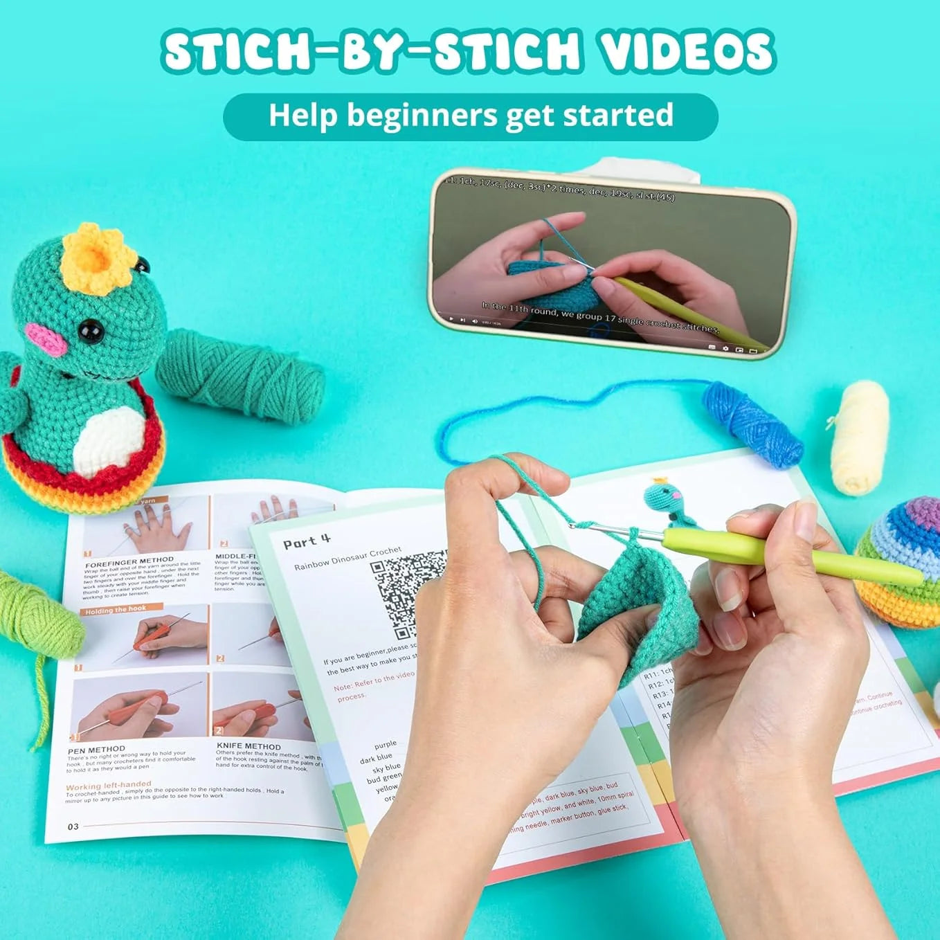 HTVRONT Crochet Animal Kit for Beginners With Video Tutorial Cotton Knitting Yarn Thread Needles Hook Knit Tool Set DIY Craft