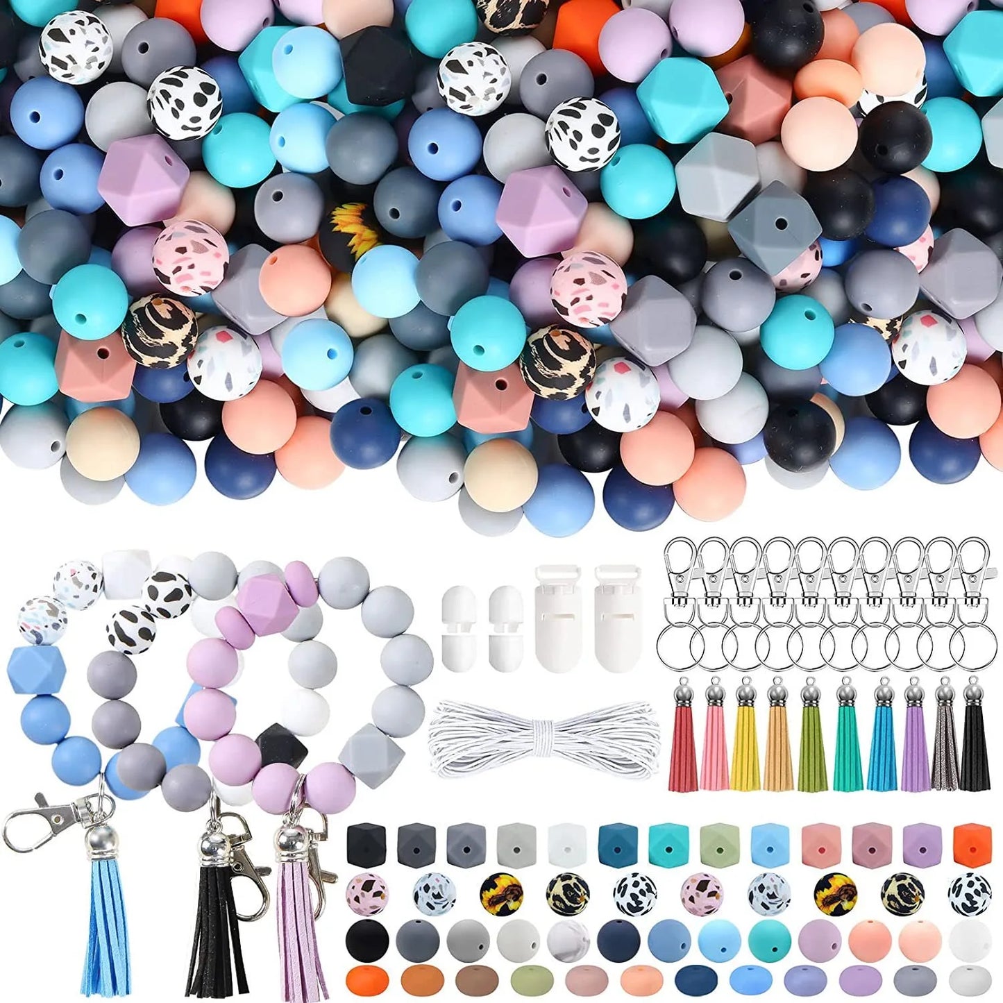 Fashion Elastic Silicone Beads 225Pcs Keyring DIY Set