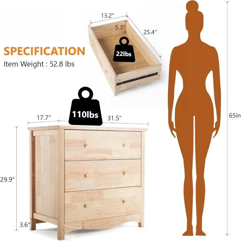 Natural Unfinished Wood 3-Drawer Dresser for Bedroom