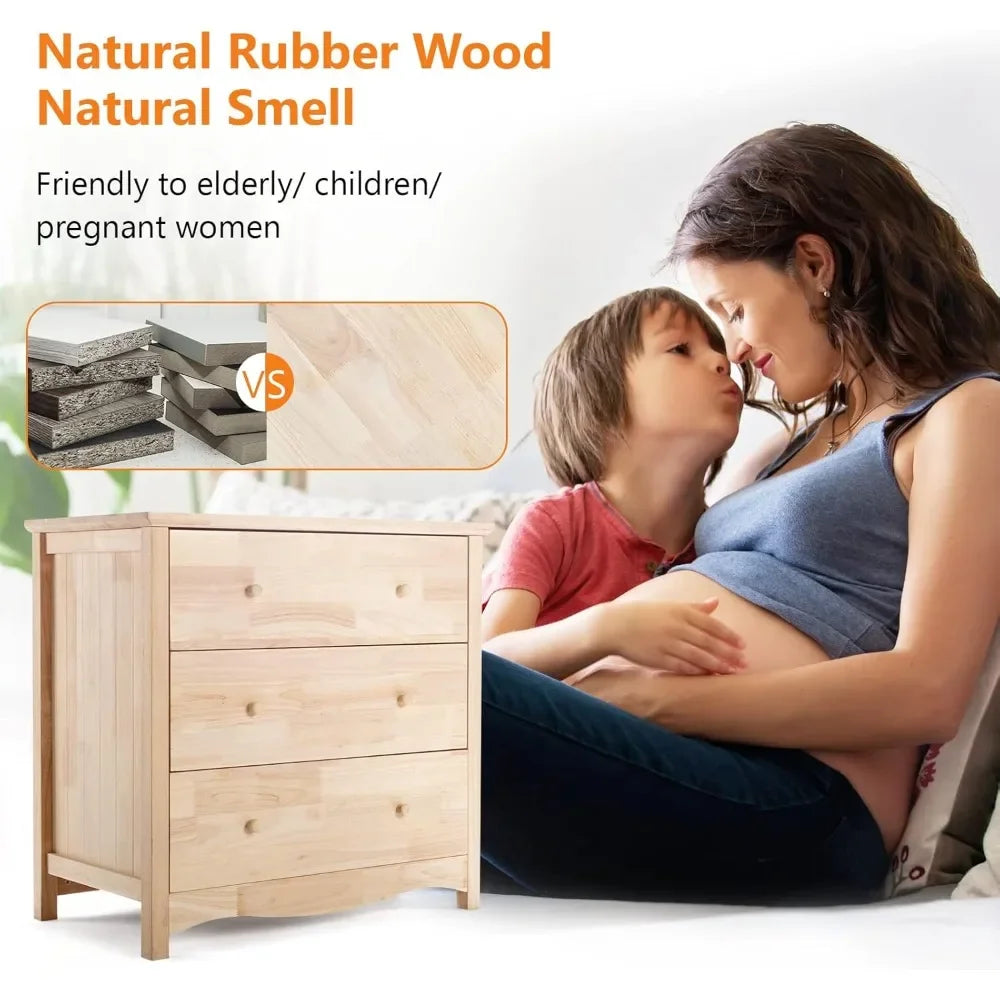 Natural Unfinished Wood 3-Drawer Dresser for Bedroom
